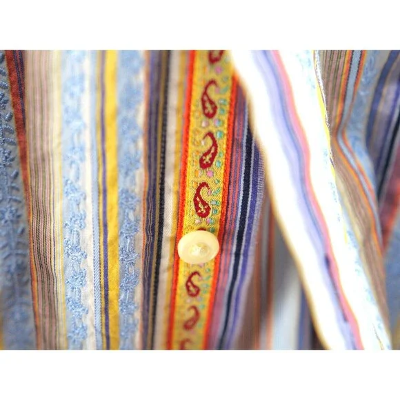 ROBERT GRAHAM Multi Color Stiped Flip Cuff Embroidery Button Down Shirt Medium - Picture 5 of 12